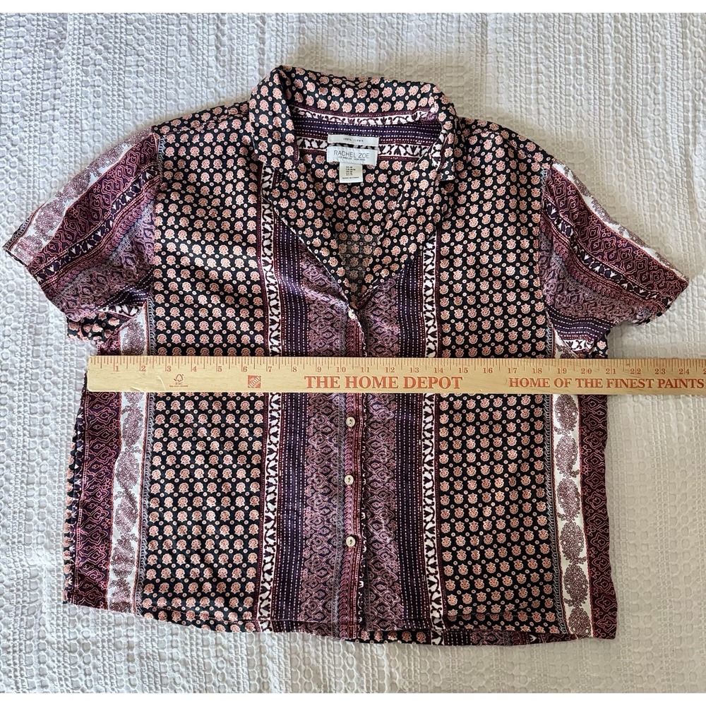 Rachel Zoe Med 100% Linen Boho Tribal Print Short Sleeve Button Up Shirt EUC - Picture 4 of 5